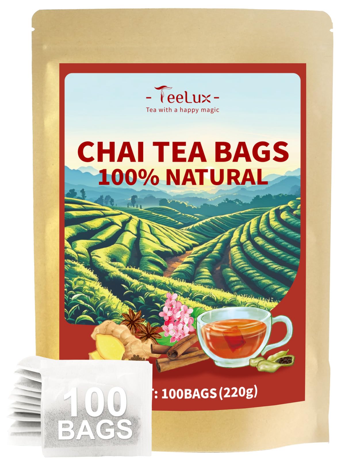 TeeLux Chamomile Tea Bags, 1.5g/bag, Pure Natural Chamomile Flowers Herbal Tea, Caffeine Free, 100 Count