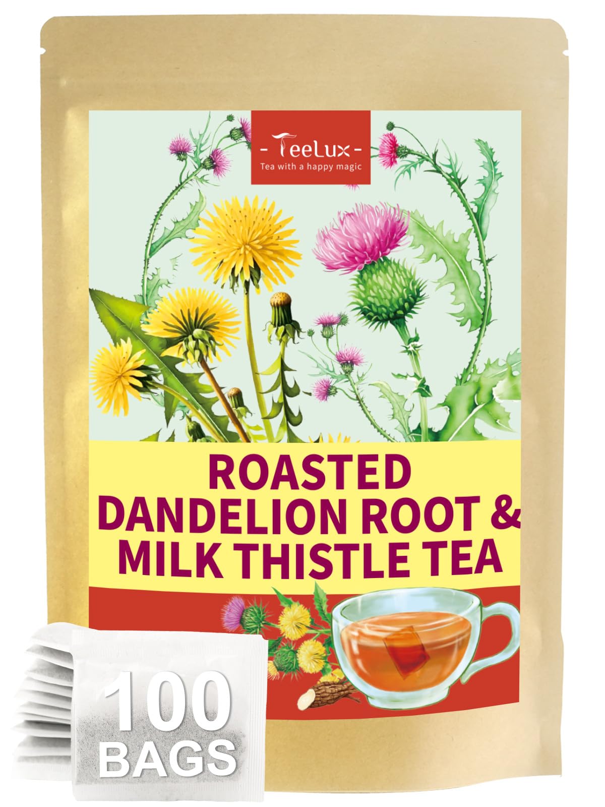TeeLux Chamomile Tea Bags, 1.5g/bag, Pure Natural Chamomile Flowers Herbal Tea, Caffeine Free, 100 Count