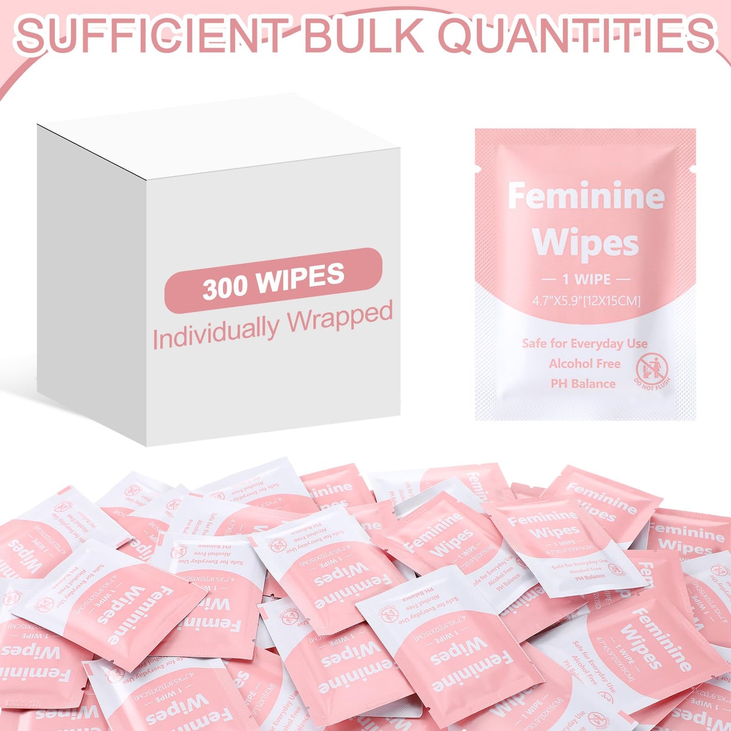 300 Pieces Feminine Wipes Individually Wrapped Women Travel Size Bulk Unscented Intimate Wipes Mild Private Parts Ph Balanced for Travel Bathroom Toilet Daily(Green)