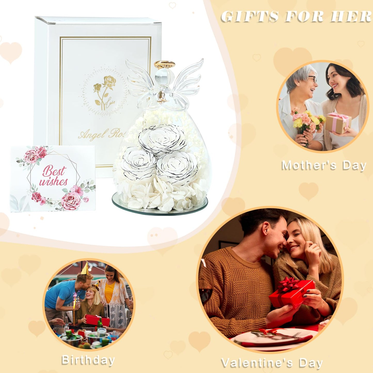 Beferr Mothers Day Mom Birthday Gifts for Women, Fresh Flowers for Delivery Forever Preserved Rose in Glass Angel Figurine, Anniversary Christian Real Rose for Grandma Nana Wife Mum from Daughter Son