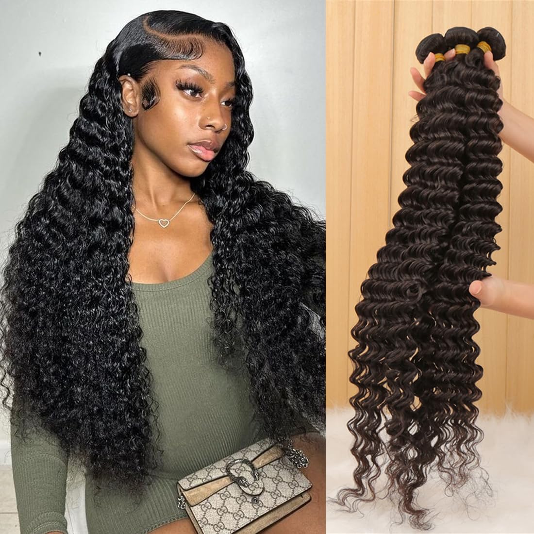 Closure with Bundles (16 18 20 22+14 Closure) Free Part Deep Wave 4 Bundles with 4x4 Lace Closure 100% Unprocessed Brazilian Virgin Remy Hair Curly Bundles Hair Extension Double Weft Natural Color