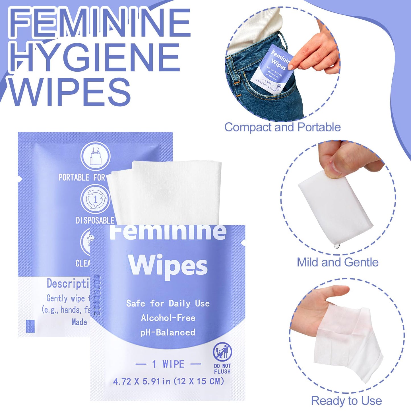 300 Pieces Feminine Wipes Individually Wrapped Women Travel Size Bulk Unscented Intimate Wipes Mild Private Parts Ph Balanced for Travel Bathroom Toilet Daily(Green)