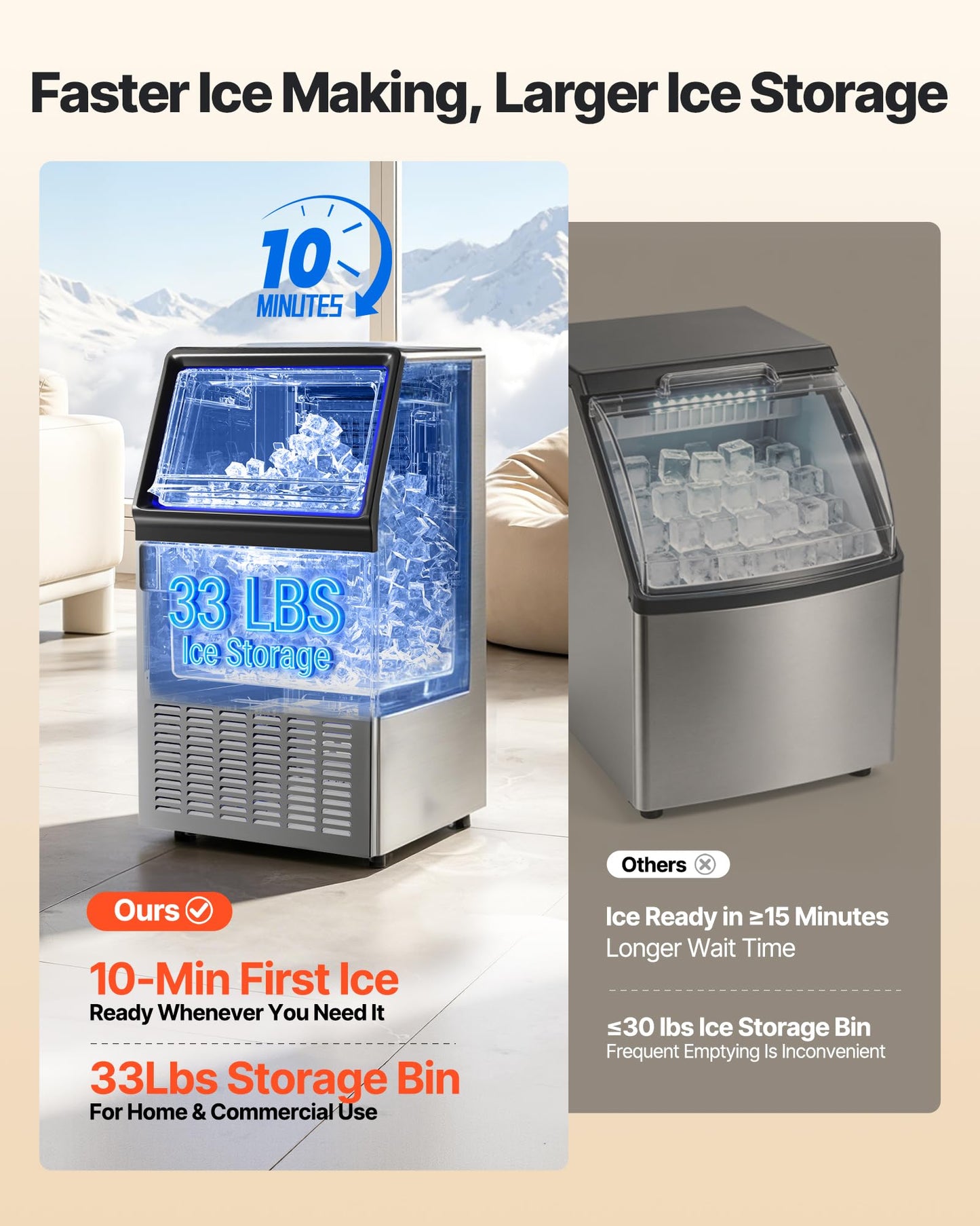 VEVOR Commercial Ice Maker Machine, 265 lbs/24h with 85 lbs Storage Capacity, Built-in/Freestanding/Under Counter, Stainless Steel Ice Maker with LED Display & Self-Cleaning, for Home Bar Restaurant