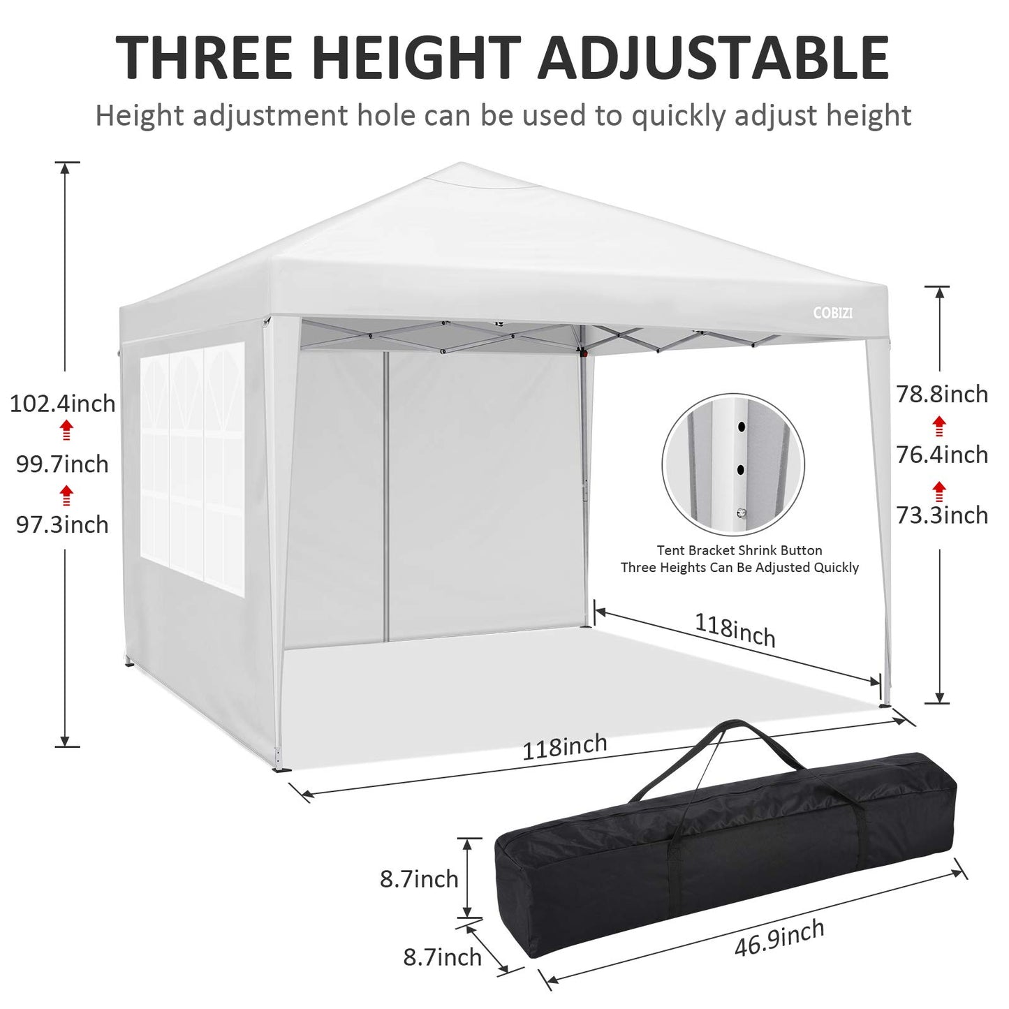COBIZI 10x20 Pop Up Canopy Tent, Outdoor Party Tent with 4 Sidewalls, 1 Person Easy Set up, Tents for Parties with Fluorescent Strip & 4 Sandbags, Waterproof UPF50+, 3 Adjustable Height, Gray