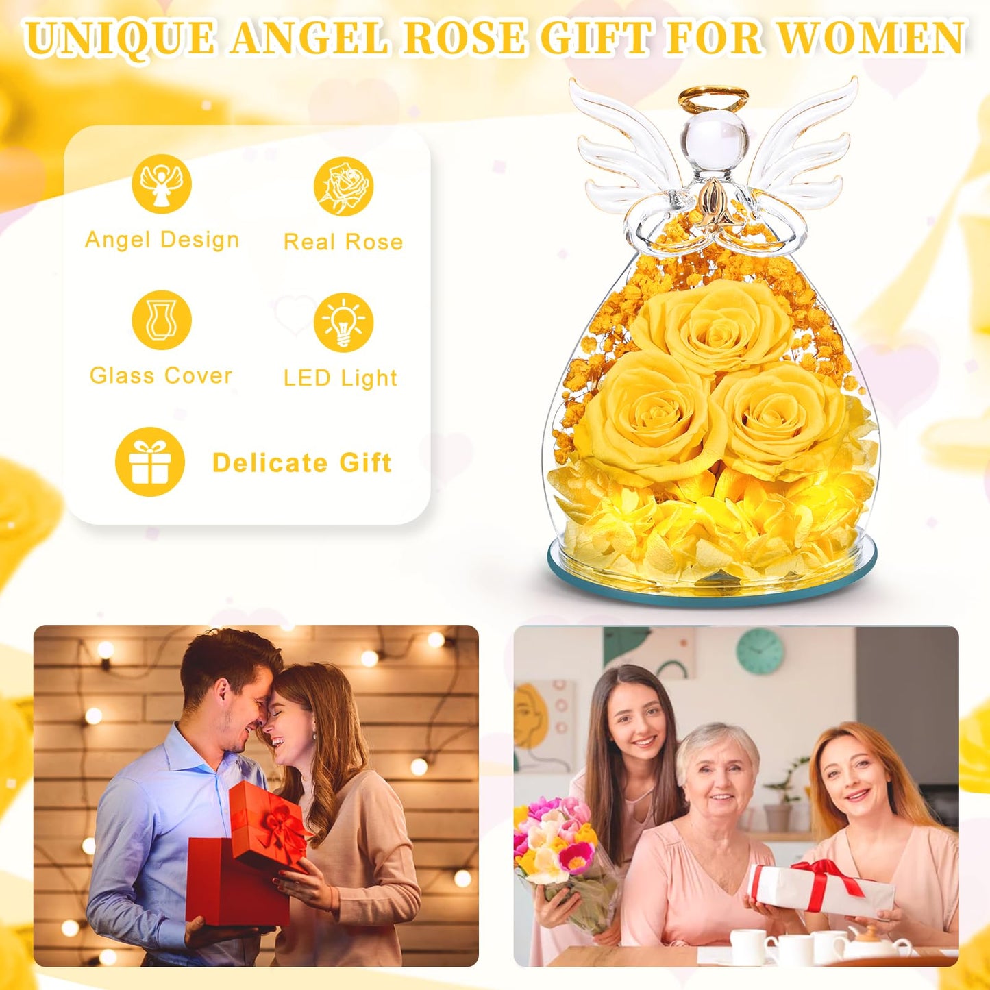 Beferr Mothers Day Mom Birthday Gifts for Women, Fresh Flowers for Delivery Forever Preserved Rose in Glass Angel Figurine, Anniversary Christian Real Rose for Grandma Nana Wife Mum from Daughter Son