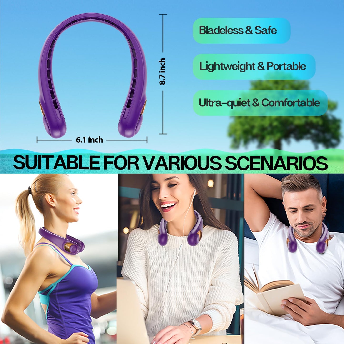 KIDEE Neck Fan, Bladeless Neck Fans Portable Rechargeable, Upgrade 360° Airflow, 3 Speeds, Headphone Design, 4000mAh Battery Operated Personal Wearable Fan Hands Free for Travel Indoor Outdoor