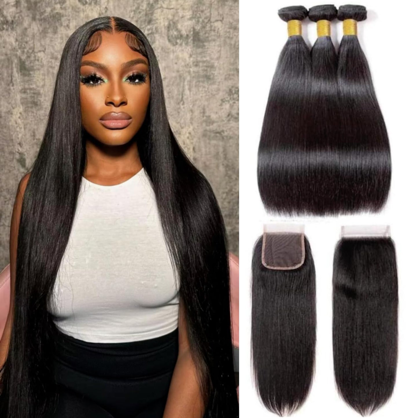 Straight 4 Bundles With Closure Human Hair 18 20 22 24+16 Inch 100% Unprocessed Black Brazilian Hair Extensions Pre Plucked With Baby Hair 4X4 HD Lace Closure