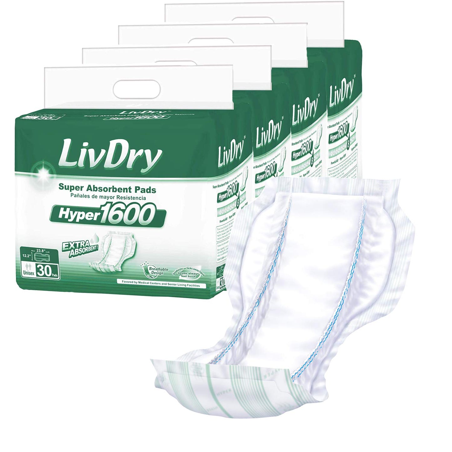 LivDry High Absorbency Pad Insert for Incontinence Briefs and Adult Diapers, Women and Men, Hyper 2400 (18 Count)