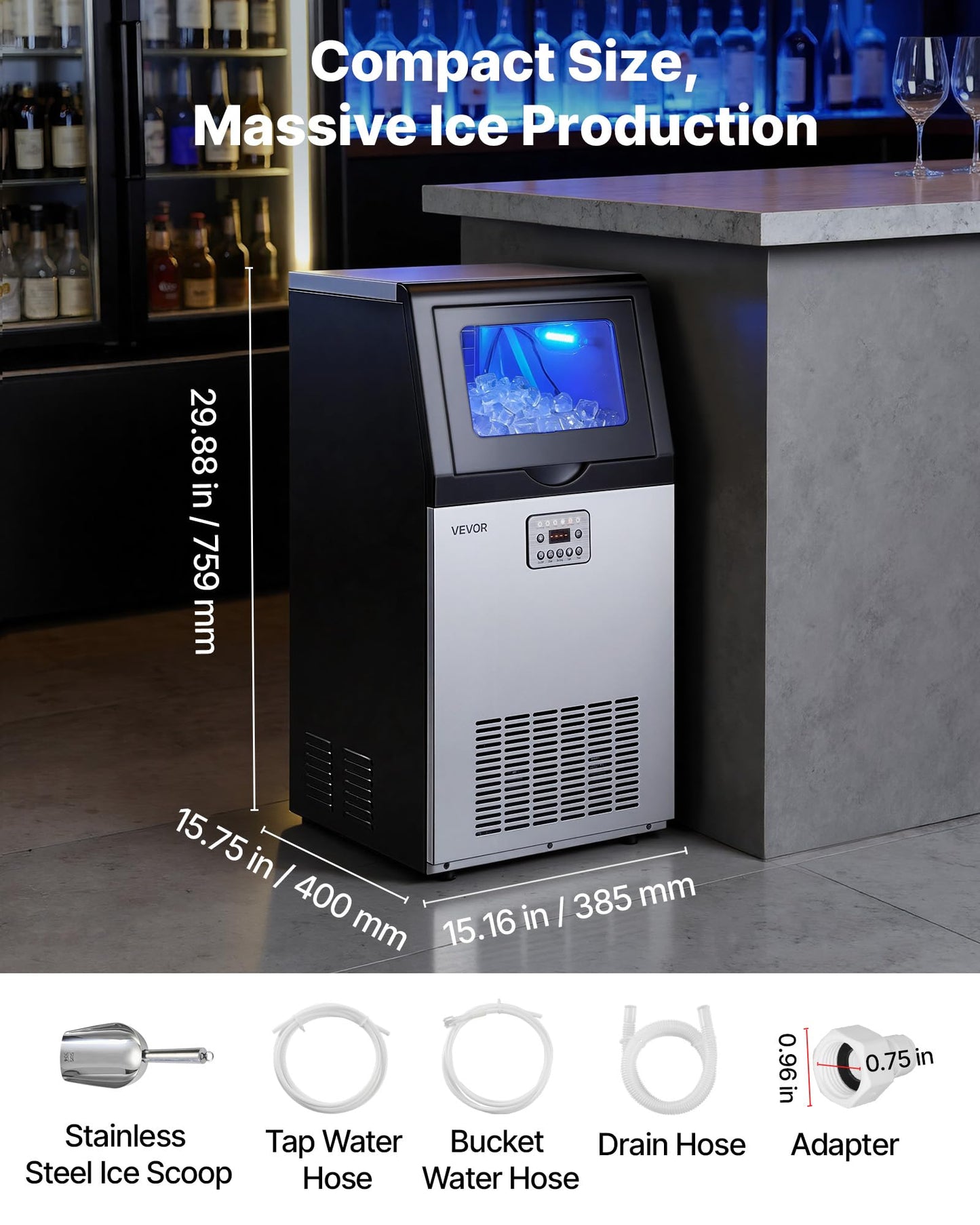 VEVOR Commercial Ice Maker Machine, 265 lbs/24h with 85 lbs Storage Capacity, Built-in/Freestanding/Under Counter, Stainless Steel Ice Maker with LED Display & Self-Cleaning, for Home Bar Restaurant