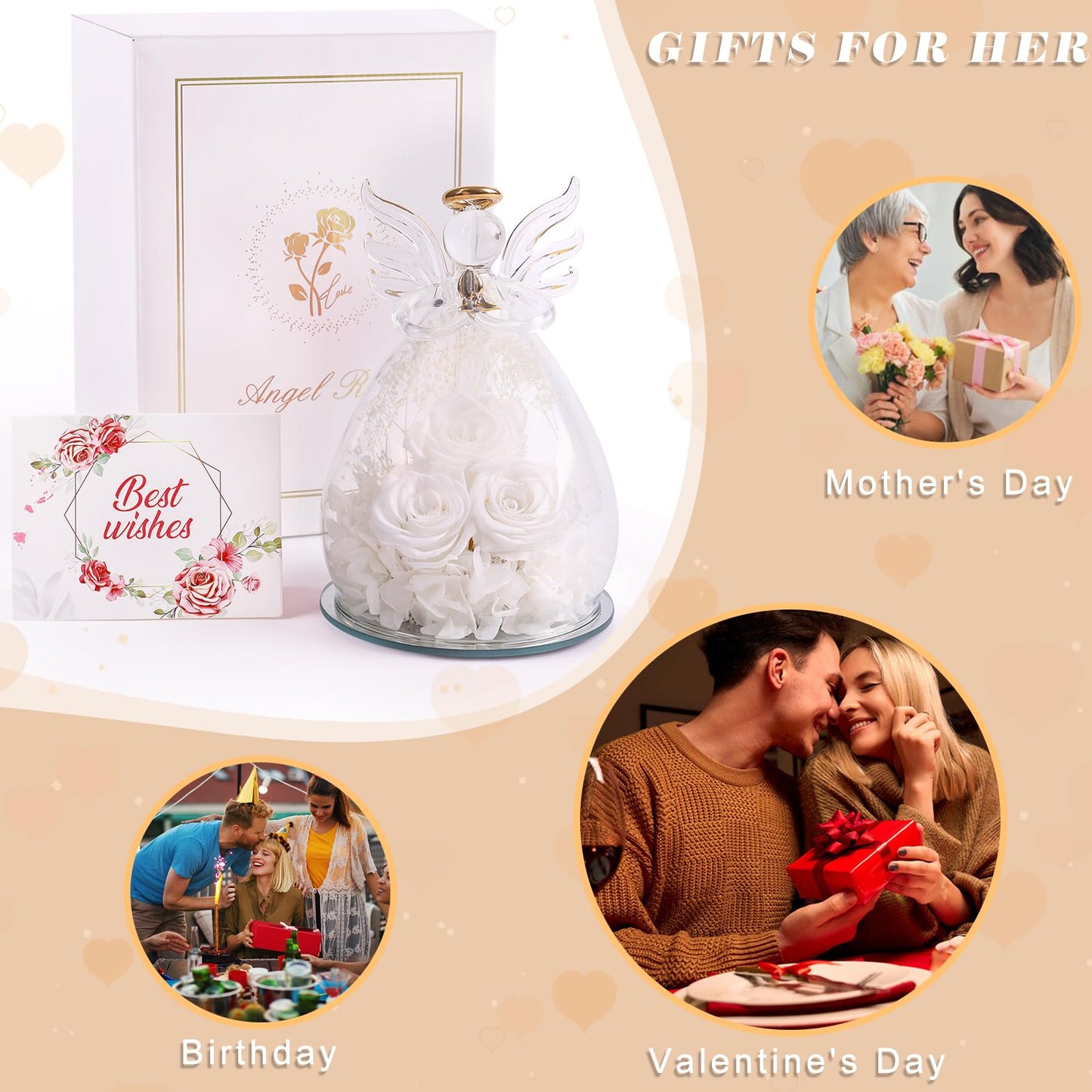 Beferr Mothers Day Mom Birthday Gifts for Women, Fresh Flowers for Delivery Forever Preserved Rose in Glass Angel Figurine, Anniversary Christian Real Rose for Grandma Nana Wife Mum from Daughter Son