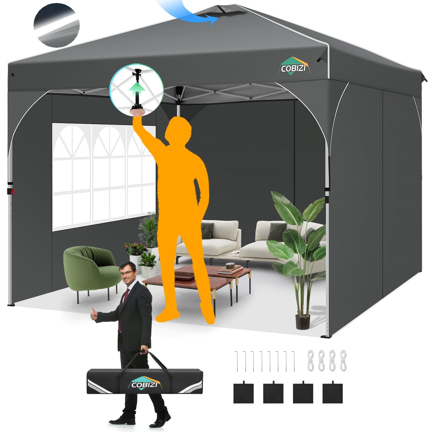 COBIZI 10x20 Pop Up Canopy Tent, Outdoor Party Tent with 4 Sidewalls, 1 Person Easy Set up, Tents for Parties with Fluorescent Strip & 4 Sandbags, Waterproof UPF50+, 3 Adjustable Height, Gray