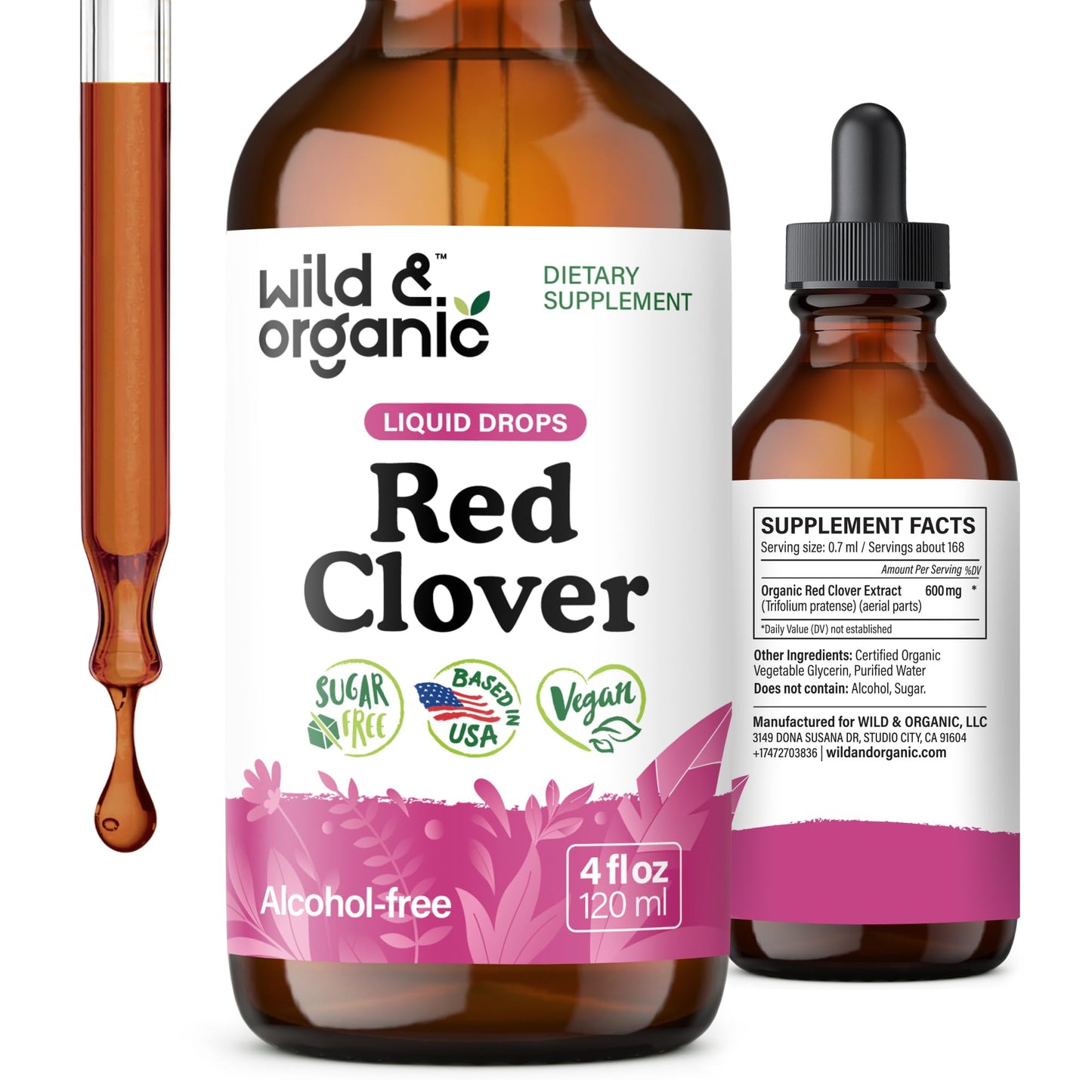 Wild & Organic Red Clover Supplement - Menopause Supplements for Women - Red Clover Extract Drops - Add to Tea Liquid Herb - 2-Month Supply - Sugar & Alcohol-Free Blossom Tincture - 4 fl oz