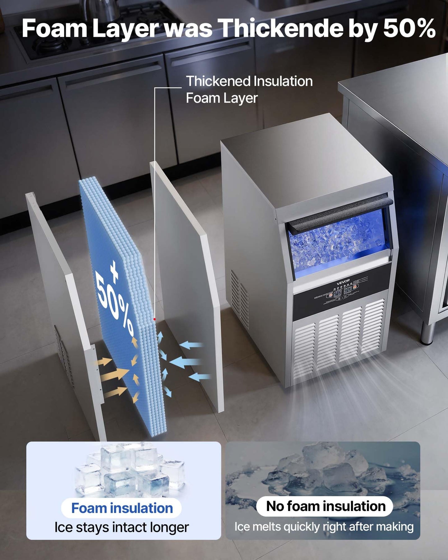 VEVOR Commercial Ice Maker Machine, 265 lbs/24h with 85 lbs Storage Capacity, Built-in/Freestanding/Under Counter, Stainless Steel Ice Maker with LED Display & Self-Cleaning, for Home Bar Restaurant