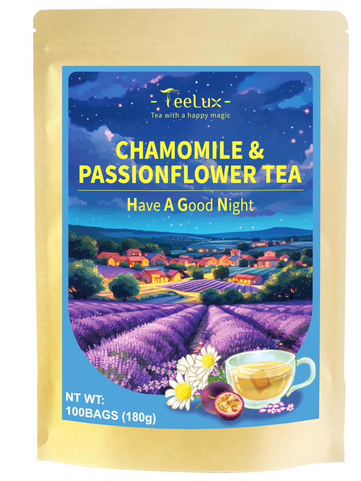 TeeLux Chamomile Tea Bags, 1.5g/bag, Pure Natural Chamomile Flowers Herbal Tea, Caffeine Free, 100 Count