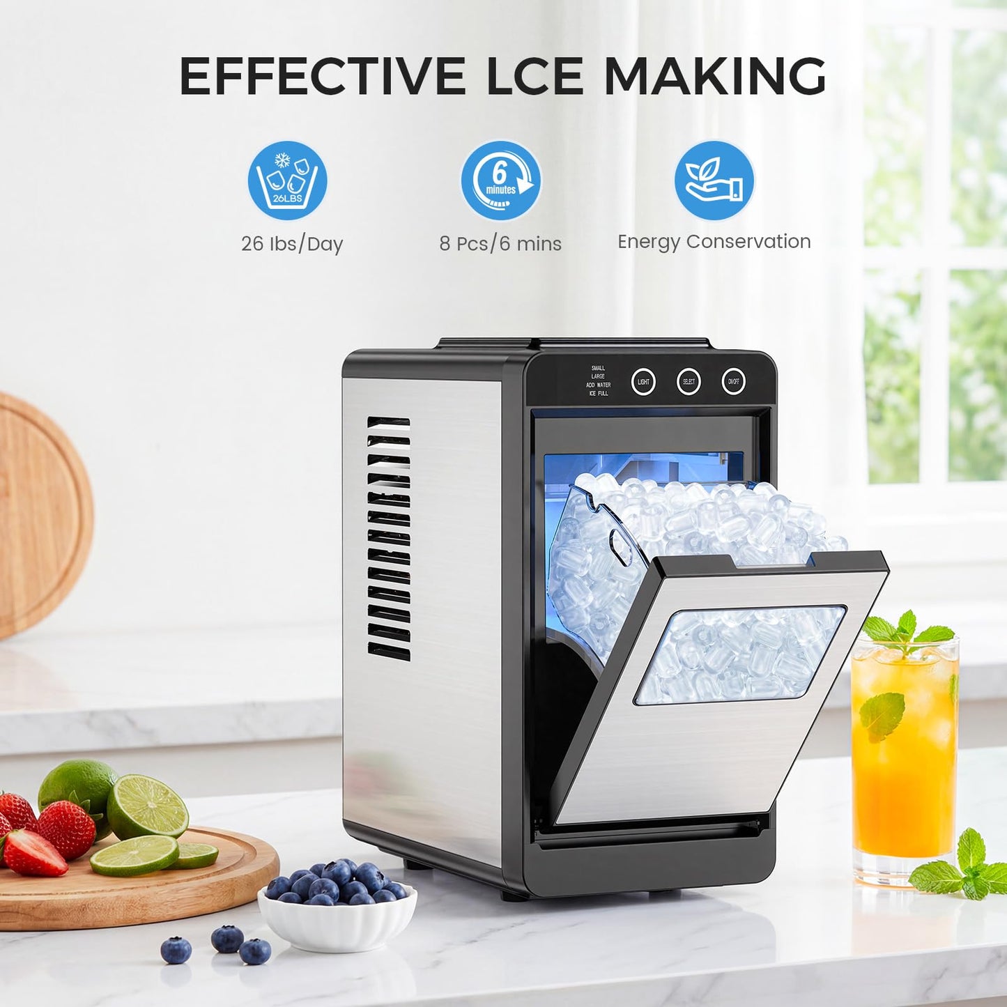 COWSAR Ice Maker Countertop, Portable Ice Machine with Basket and Scoop, 8 Cubes in 6 Mins, 26 lbs/24H, Auto-Cleaning Commercial Ice Maker for Kitchen, RV, Camping, Black