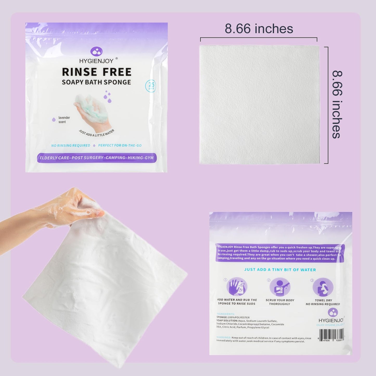 HYGIENJOY-21% Larger,No Rinse Bathing Wipes for Adults-Rinse Free Bath Sponges,Soap Infused,Dry Shower Wipes for Elderly,For Camping,Hiking,GYM,Post Surgery Must Haves, (25 Counts)