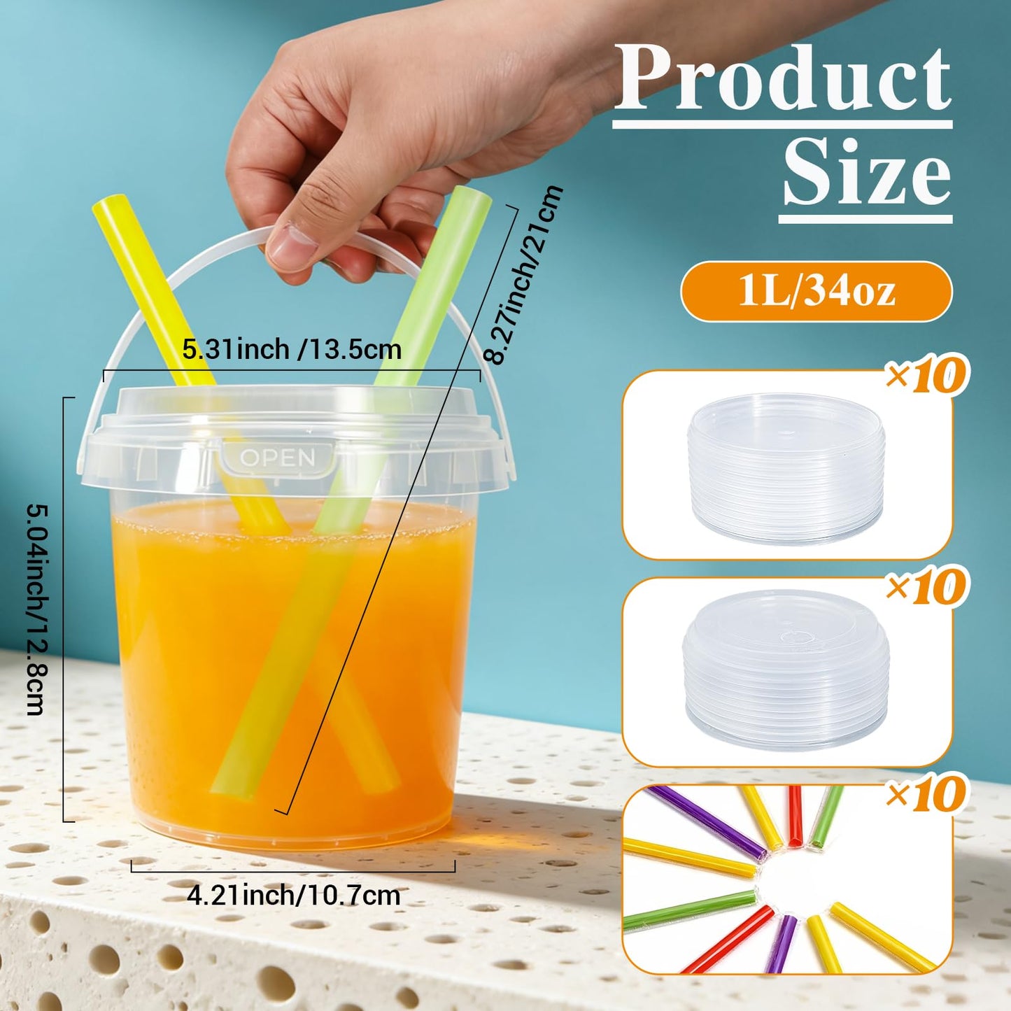 Airtight Clear Plastic Bucket with Lid, Ice Buckets for Parties, Reusable Ice Cream Tub with Handle, Food Storage Container, Food Grade Freezer and Microwave Safe for Sauce, Soup (16 OZ/500 ML)