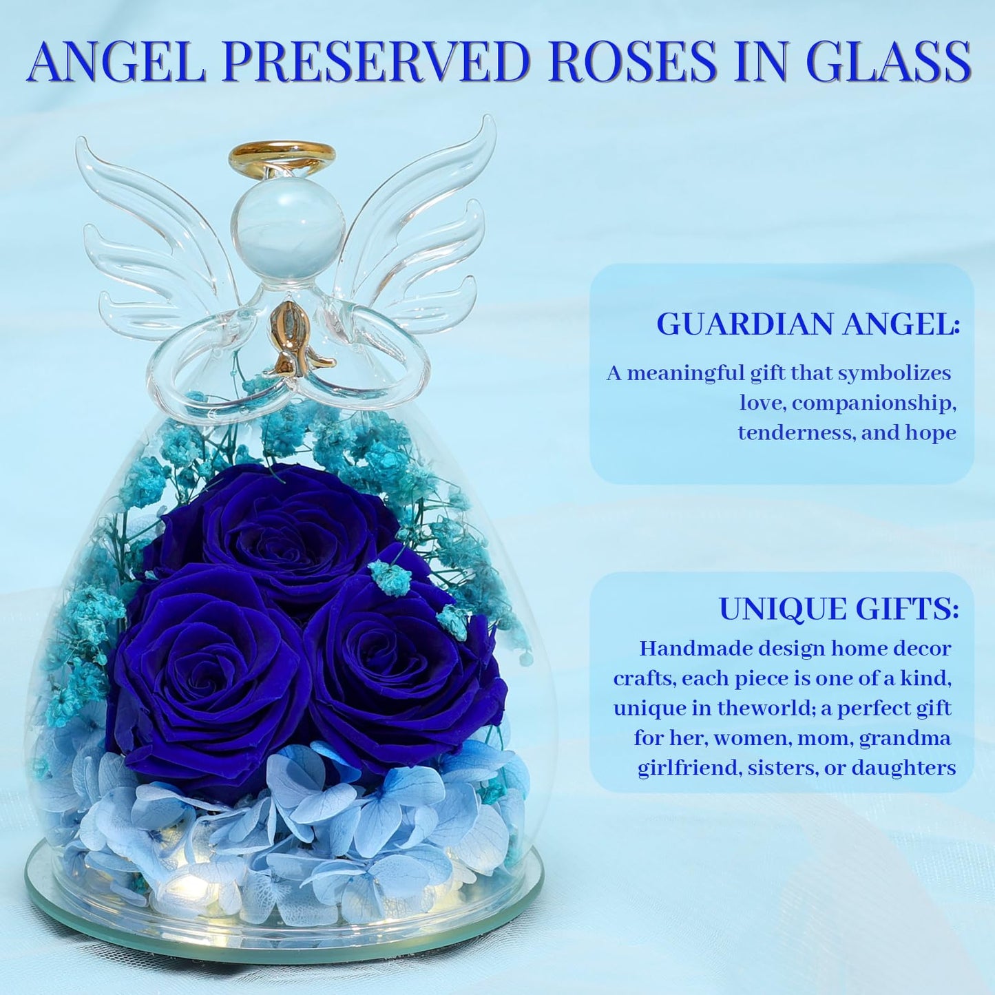 Beferr Mothers Day Mom Birthday Gifts for Women, Fresh Flowers for Delivery Forever Preserved Rose in Glass Angel Figurine, Anniversary Christian Real Rose for Grandma Nana Wife Mum from Daughter Son