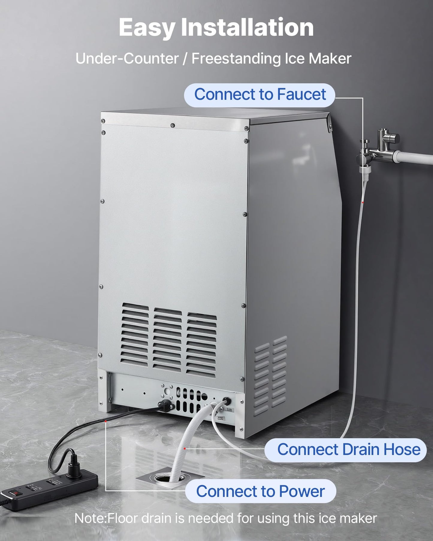 VEVOR Commercial Ice Maker Machine, 265 lbs/24h with 85 lbs Storage Capacity, Built-in/Freestanding/Under Counter, Stainless Steel Ice Maker with LED Display & Self-Cleaning, for Home Bar Restaurant