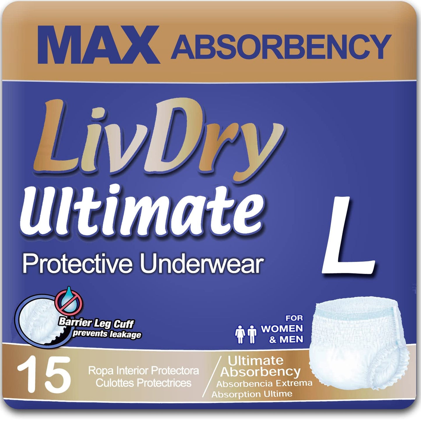 LivDry Ultimate XL Adult Incontinence Underwear, Max Absorbent Adult Diapers with Leak Protection, X-Large, 12-Pack