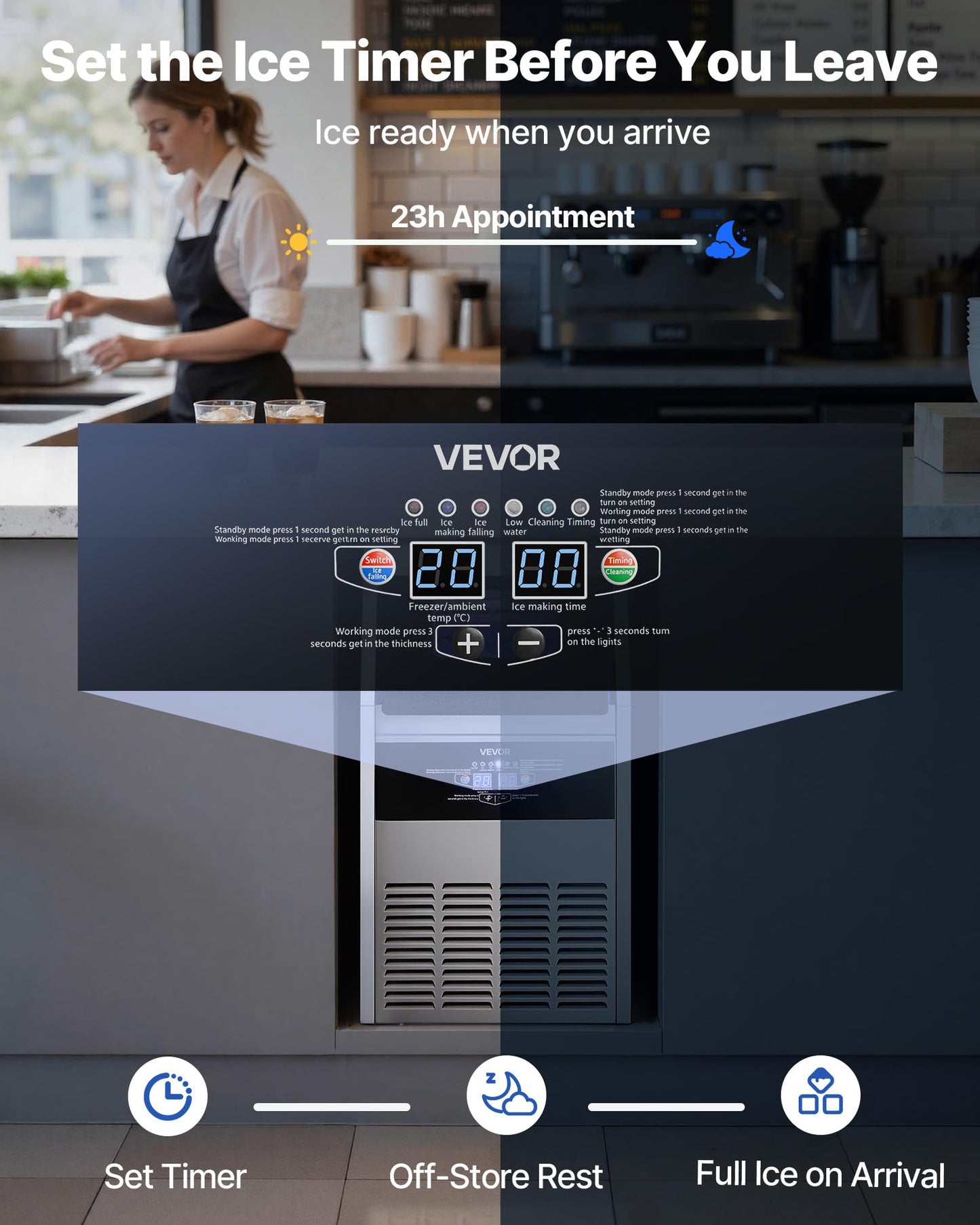 VEVOR Commercial Ice Maker Machine, 265 lbs/24h with 85 lbs Storage Capacity, Built-in/Freestanding/Under Counter, Stainless Steel Ice Maker with LED Display & Self-Cleaning, for Home Bar Restaurant