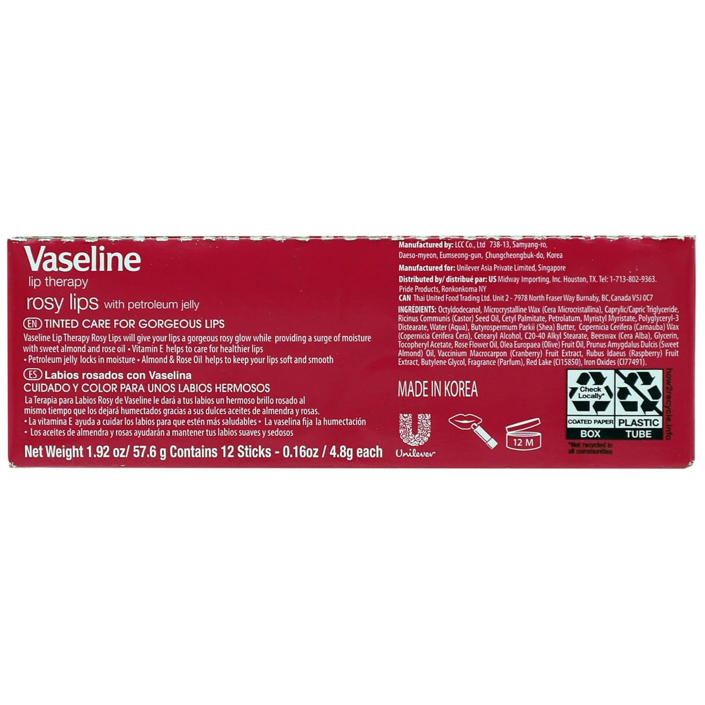 Vaseline Lip Rosy, Fast-Acting Nourishment, Ideal for Chapped, Dry, Cracked, or Damaged Lips, Lip Balm,12 Sticks, 1 Box