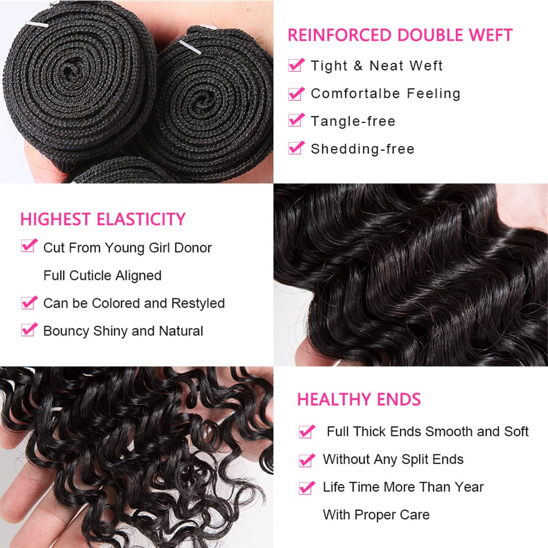 Closure with Bundles (16 18 20 22+14 Closure) Free Part Deep Wave 4 Bundles with 4x4 Lace Closure 100% Unprocessed Brazilian Virgin Remy Hair Curly Bundles Hair Extension Double Weft Natural Color