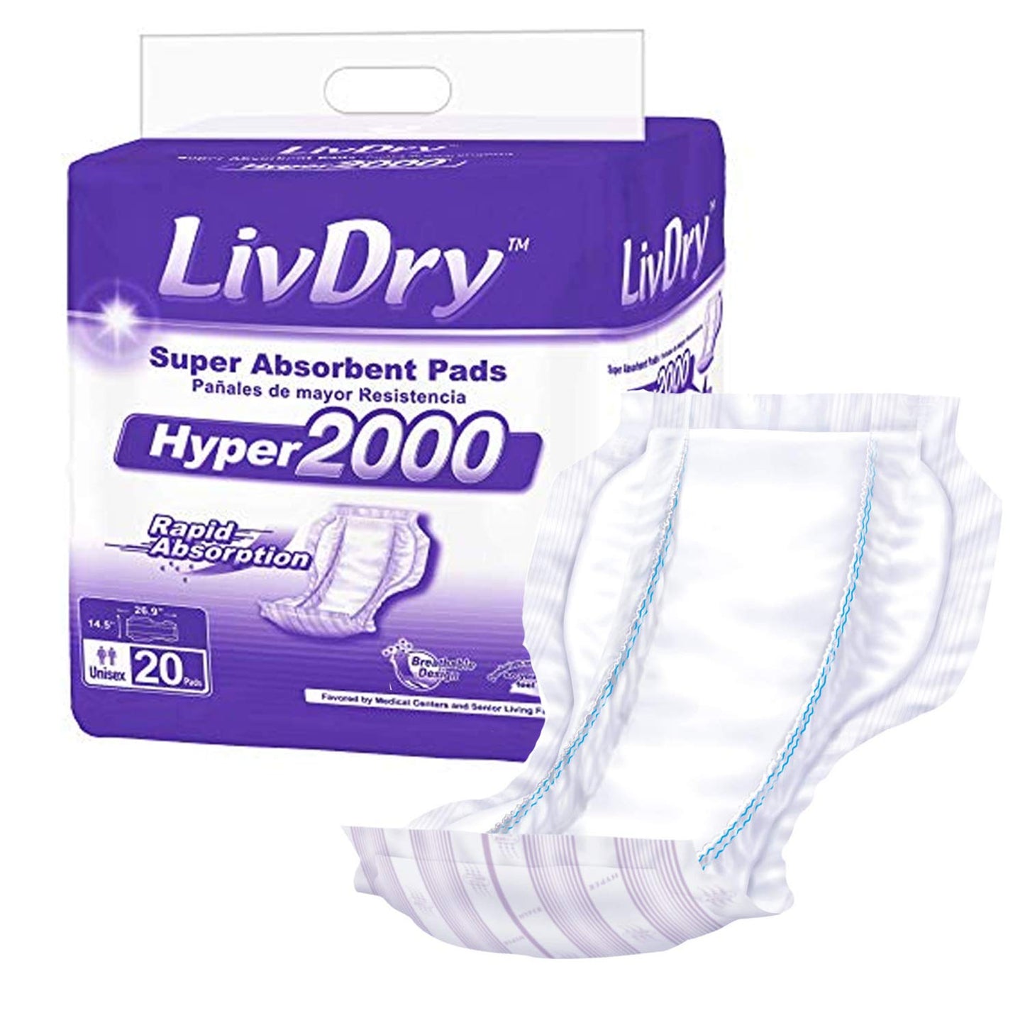 LivDry High Absorbency Pad Insert for Incontinence Briefs and Adult Diapers, Women and Men, Hyper 2400 (18 Count)