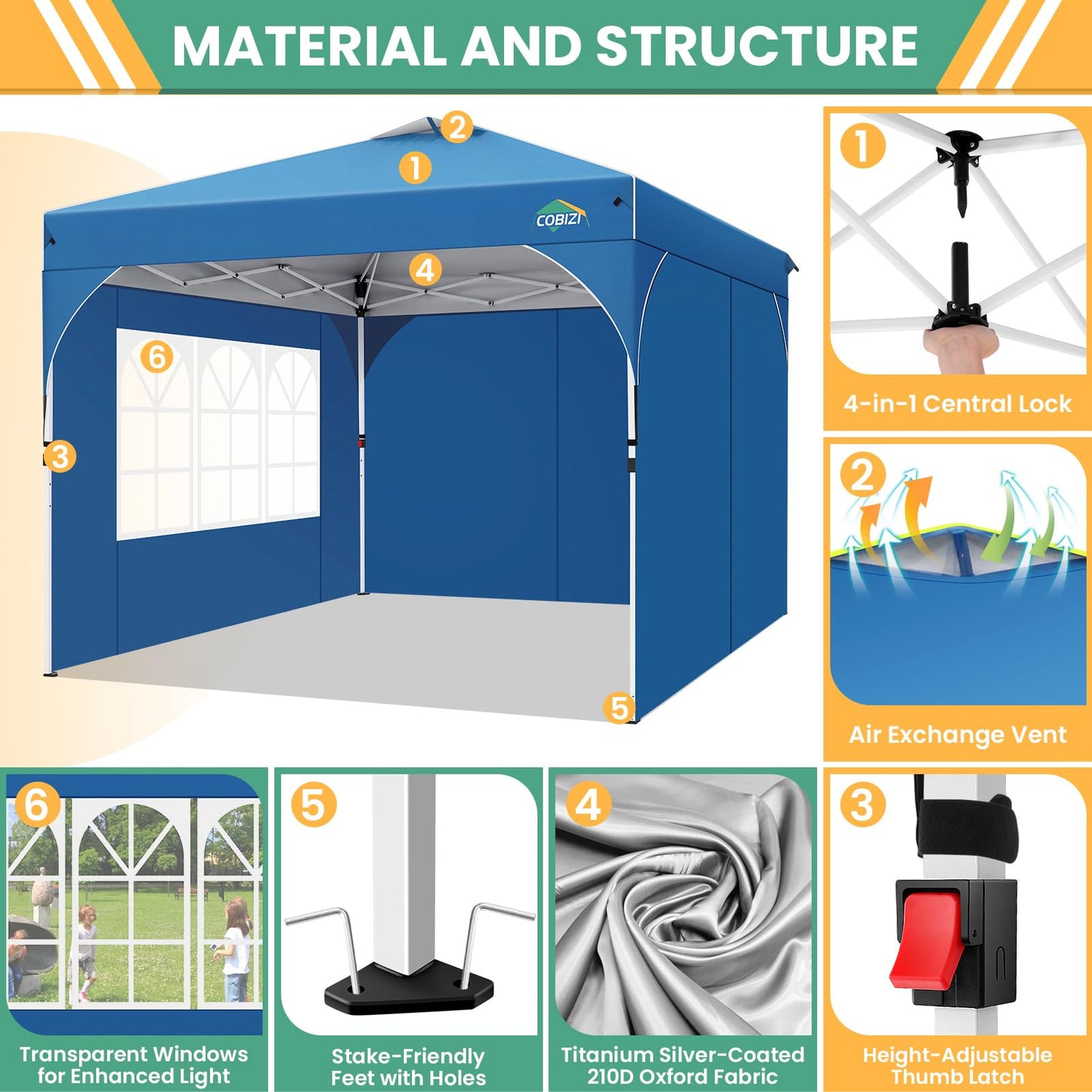 COBIZI 10x20 Pop Up Canopy Tent, Outdoor Party Tent with 4 Sidewalls, 1 Person Easy Set up, Tents for Parties with Fluorescent Strip & 4 Sandbags, Waterproof UPF50+, 3 Adjustable Height, Gray