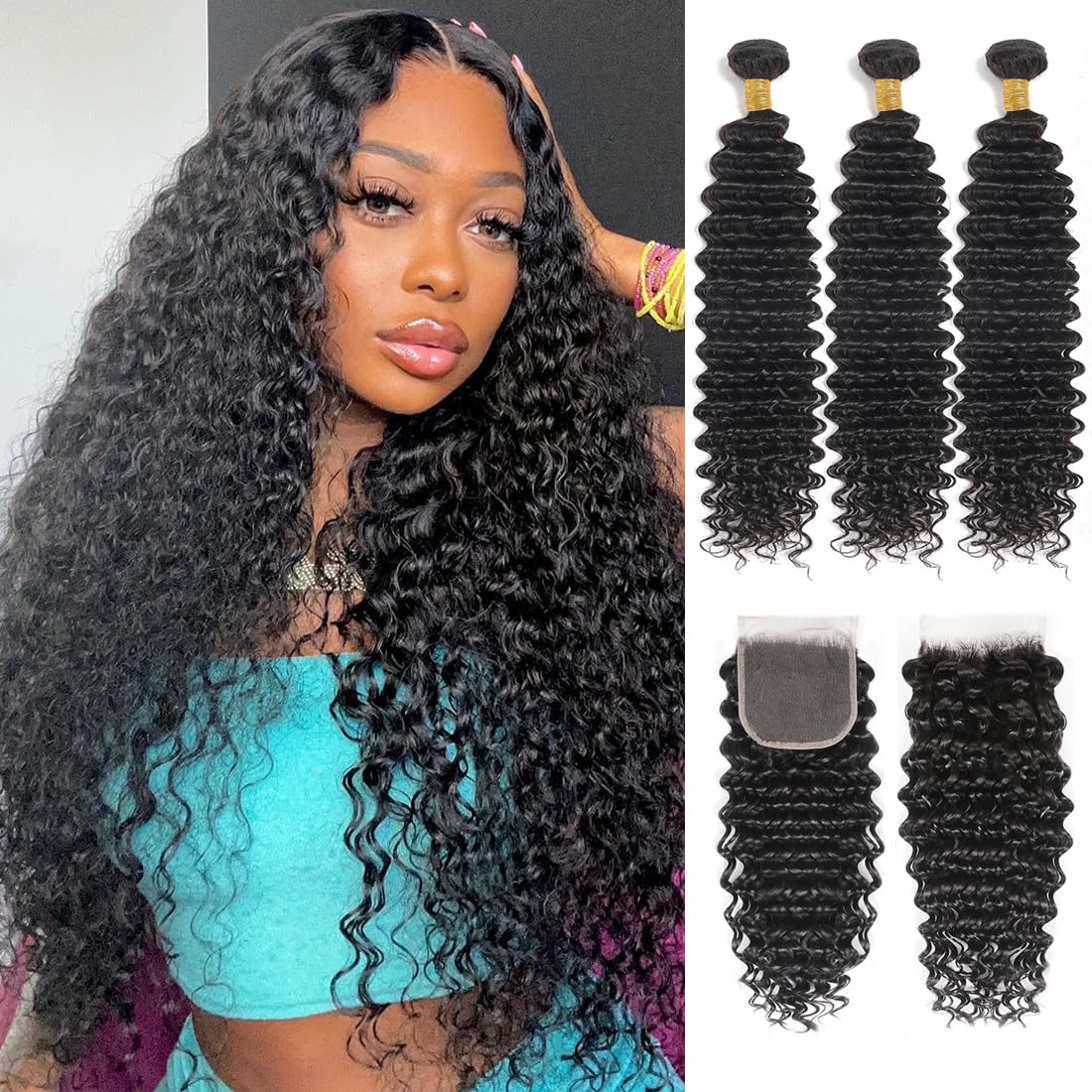 Closure with Bundles (16 18 20 22+14 Closure) Free Part Deep Wave 4 Bundles with 4x4 Lace Closure 100% Unprocessed Brazilian Virgin Remy Hair Curly Bundles Hair Extension Double Weft Natural Color