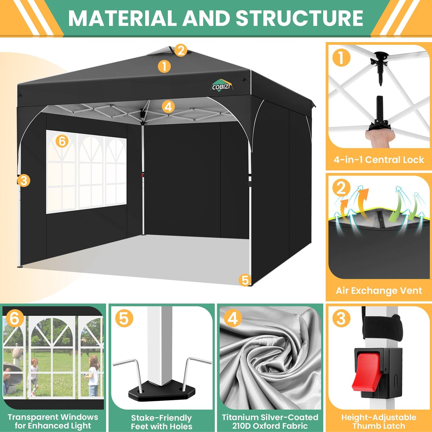 COBIZI 10x20 Pop Up Canopy Tent, Outdoor Party Tent with 4 Sidewalls, 1 Person Easy Set up, Tents for Parties with Fluorescent Strip & 4 Sandbags, Waterproof UPF50+, 3 Adjustable Height, Gray
