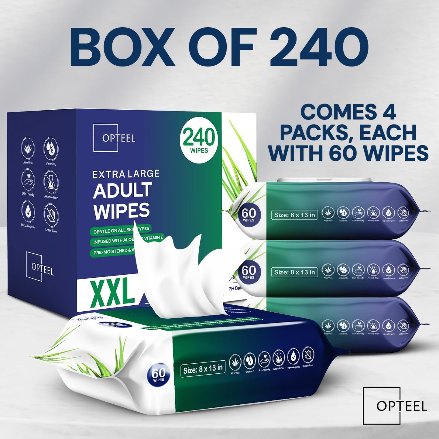 OPTEEL Adult Wipes For Elderly - 8"x13" Extra Large & Soft Wet Wipes for Adults Bathing - Incontinence Disposable Washcloths, Vitamin E & Aloe Infused for Men & Women 720ct (12 Packs of 60)
