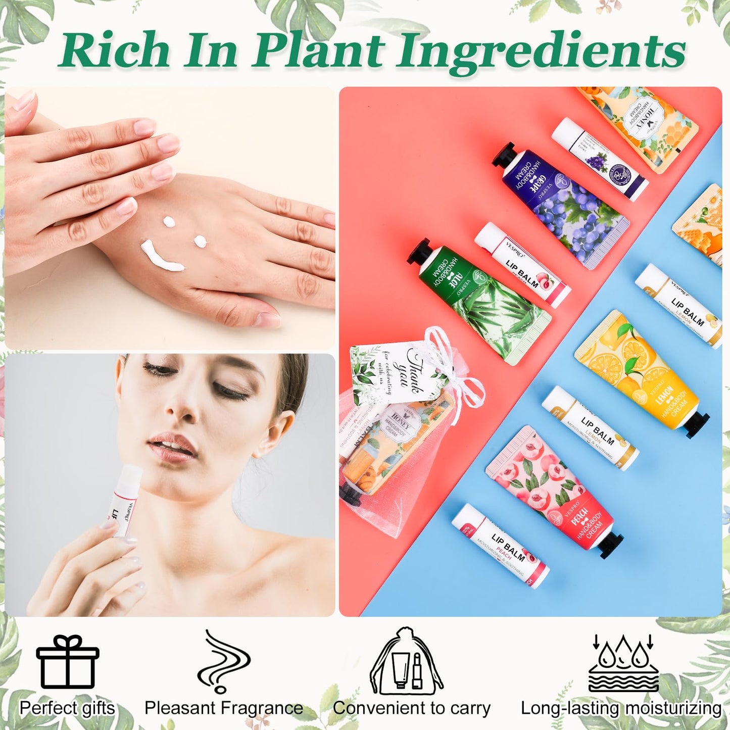 VESPRO 30 Pack Bulk Hand Cream and Bulk Lip Balm Sets, Mothers Day Gifts, Wedding Favors for Guests with Thank You Card and Organza Bags, Birthday Gift, Teacher Appreciation Gifts and Nurse Gift
