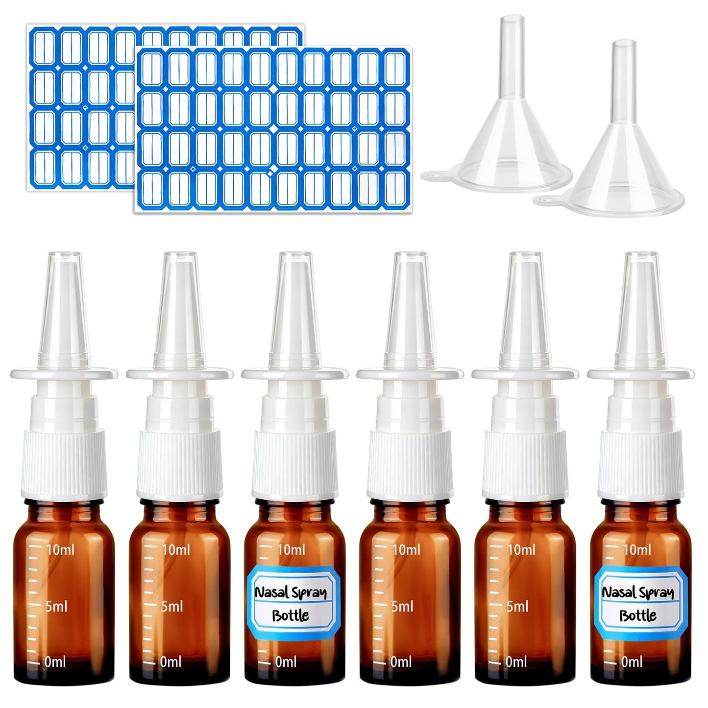 10 Pcs Nasal Spray Bottle, 10ML/0.35OZ 6Pcs Glass Empty Blue Scale Nose Spray Bottles Refillable with 2 Funnels and 2 Labels