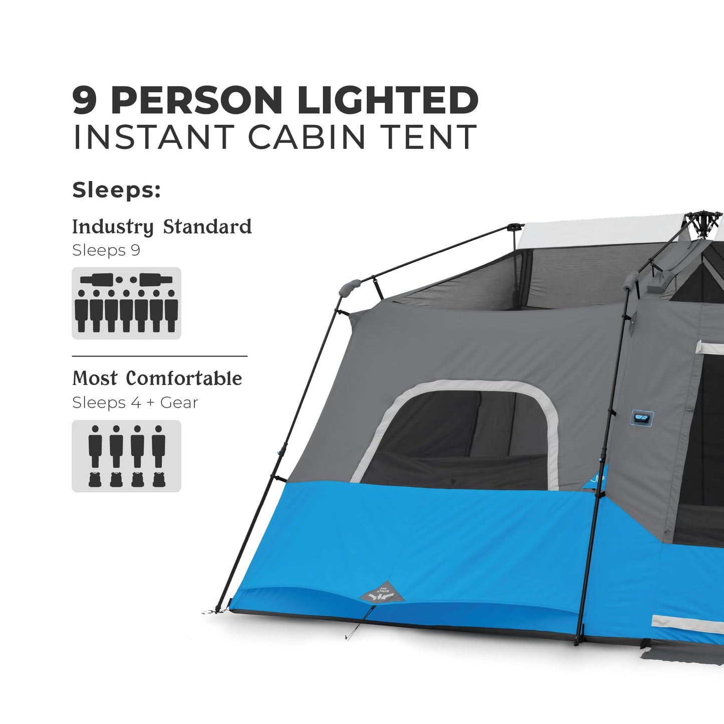 CORE Instant Cabin Tents with LED Lights | Family Multi Room Lighted Pop Up Tents for Camping | Included Storage Pockets for Camping Accessories