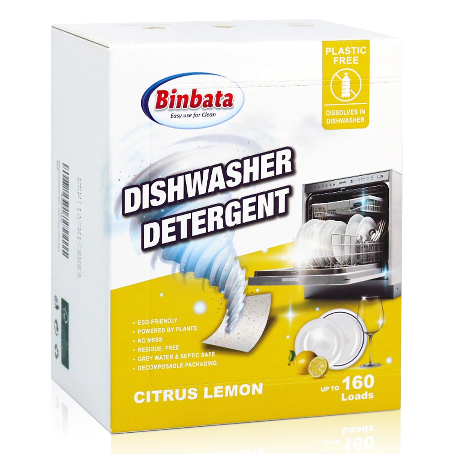 Binbata Eco Dishwasher Detergent Sheets Up To 160 Loads, Grapefruit Scent Plastic Free Dishwashing Soap Strips With High Efficient Solid Enzyme, Leaving Dishes Sparkling Clean