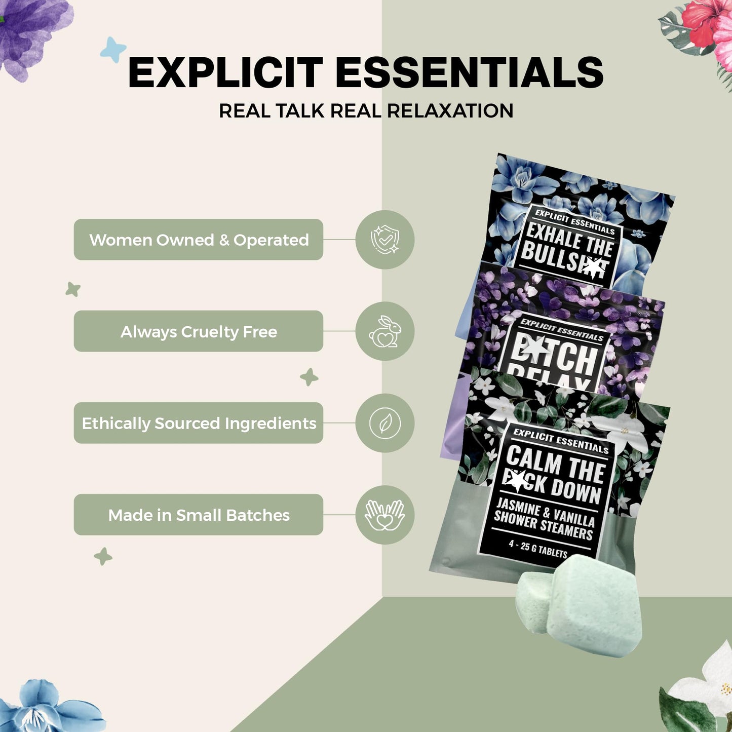 Explicit Essentials Shower Steamers Gift Set | 4 Funny Handmade Aromatherapy Shower Bombs | Relaxation & Stress Relief Spa Gift for Self-Care, Birthdays & Holidays
