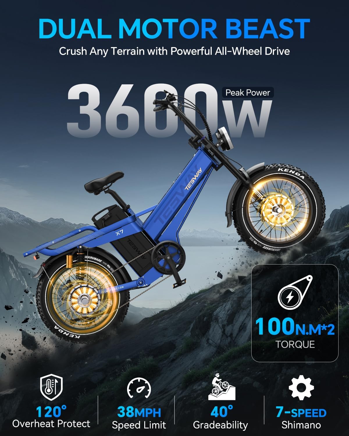 TESWAY 52V 3600W Dual Motor Ebike 200Miles Longest Range Electric Bike for Adults, 20" Fat Tire Full Suspension E Bike (X7 AWD, Blue)