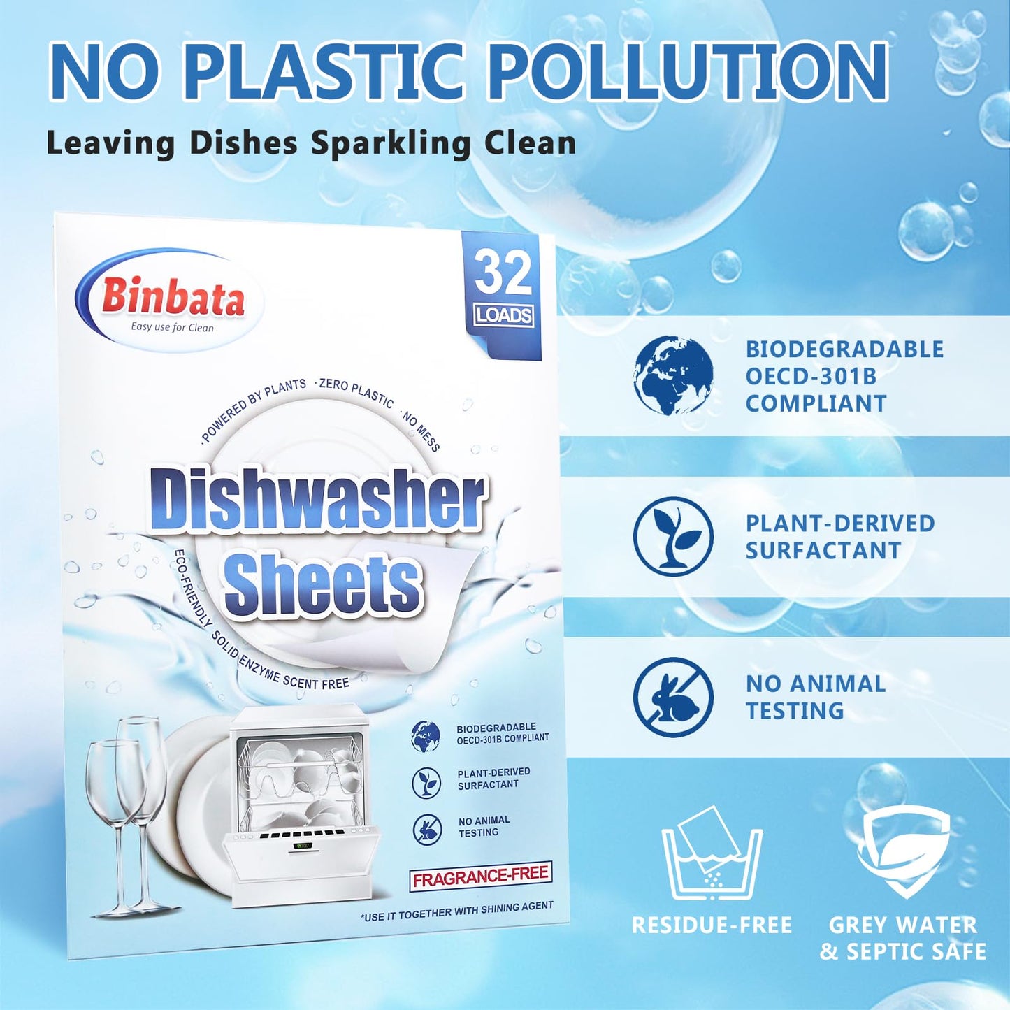 Binbata Eco Dishwasher Detergent Sheets Up To 160 Loads, Grapefruit Scent Plastic Free Dishwashing Soap Strips With High Efficient Solid Enzyme, Leaving Dishes Sparkling Clean