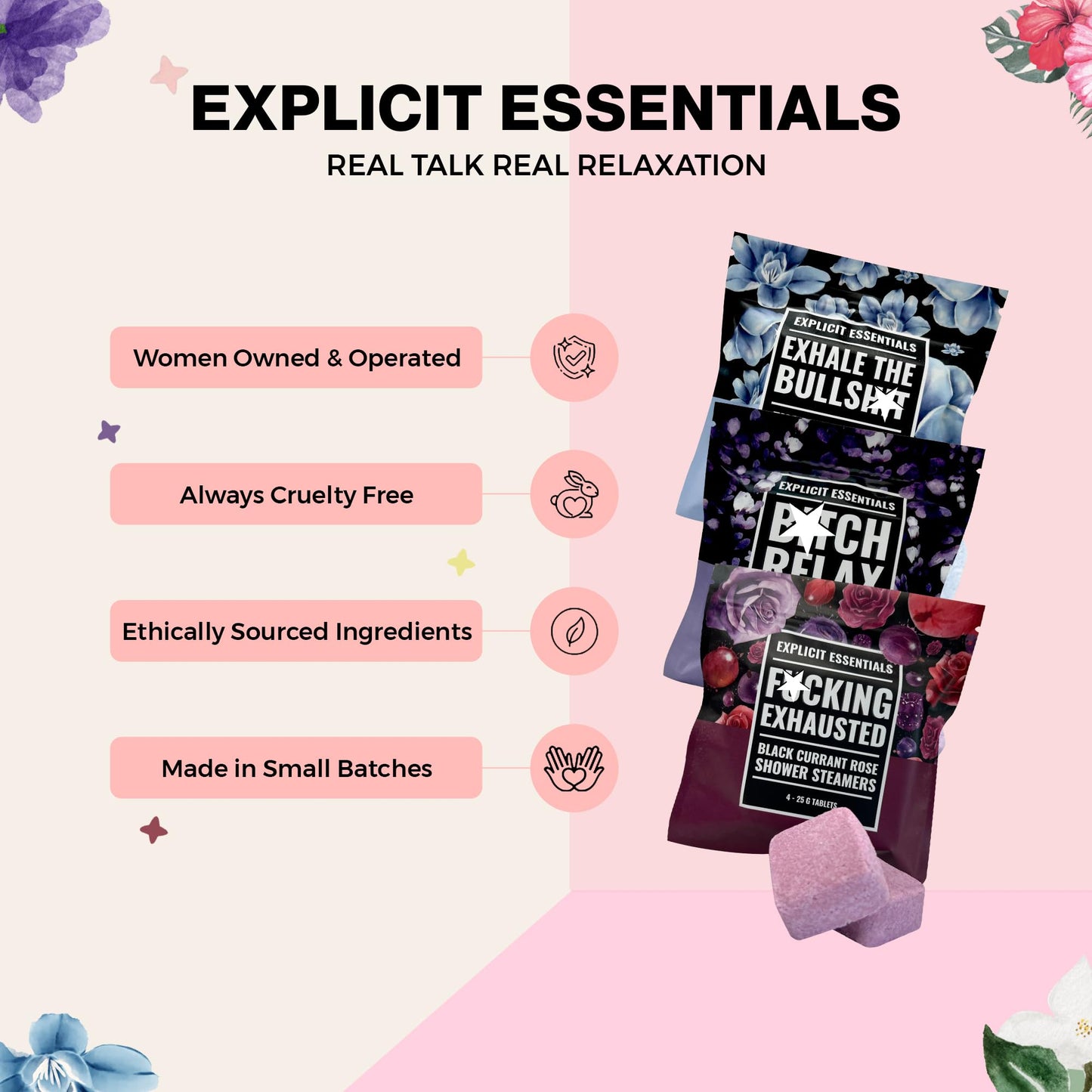 Explicit Essentials Shower Steamers Gift Set | 4 Funny Handmade Aromatherapy Shower Bombs | Relaxation & Stress Relief Spa Gift for Self-Care, Birthdays & Holidays