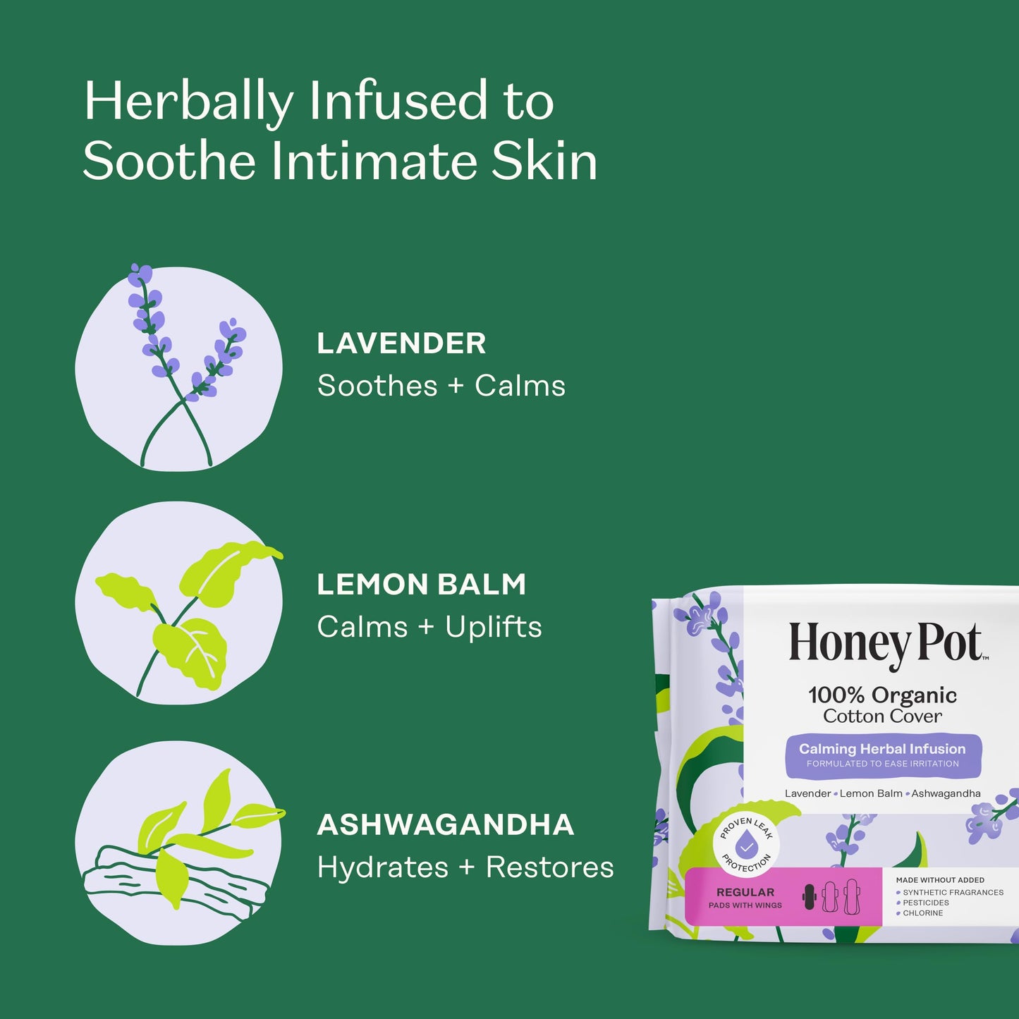 Honey Pot - Calming Herbal Super Sanitary Pads for Women - 100% Organic Cotton Top Sheet - Feminine Care - Non Cooling - Calming Herbs of Lavender, Ashwagandha, & Lemon Balm - 16ct