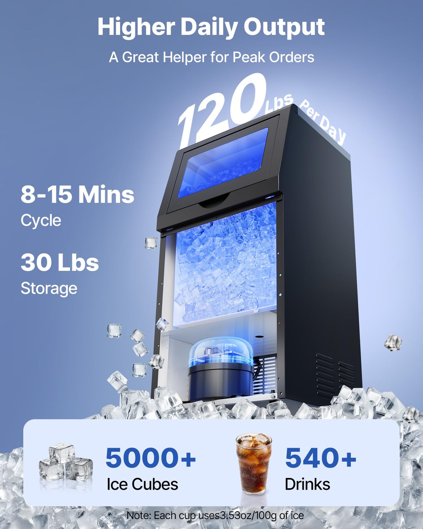 VEVOR Commercial Ice Maker Machine, 265 lbs/24h with 85 lbs Storage Capacity, Built-in/Freestanding/Under Counter, Stainless Steel Ice Maker with LED Display & Self-Cleaning, for Home Bar Restaurant