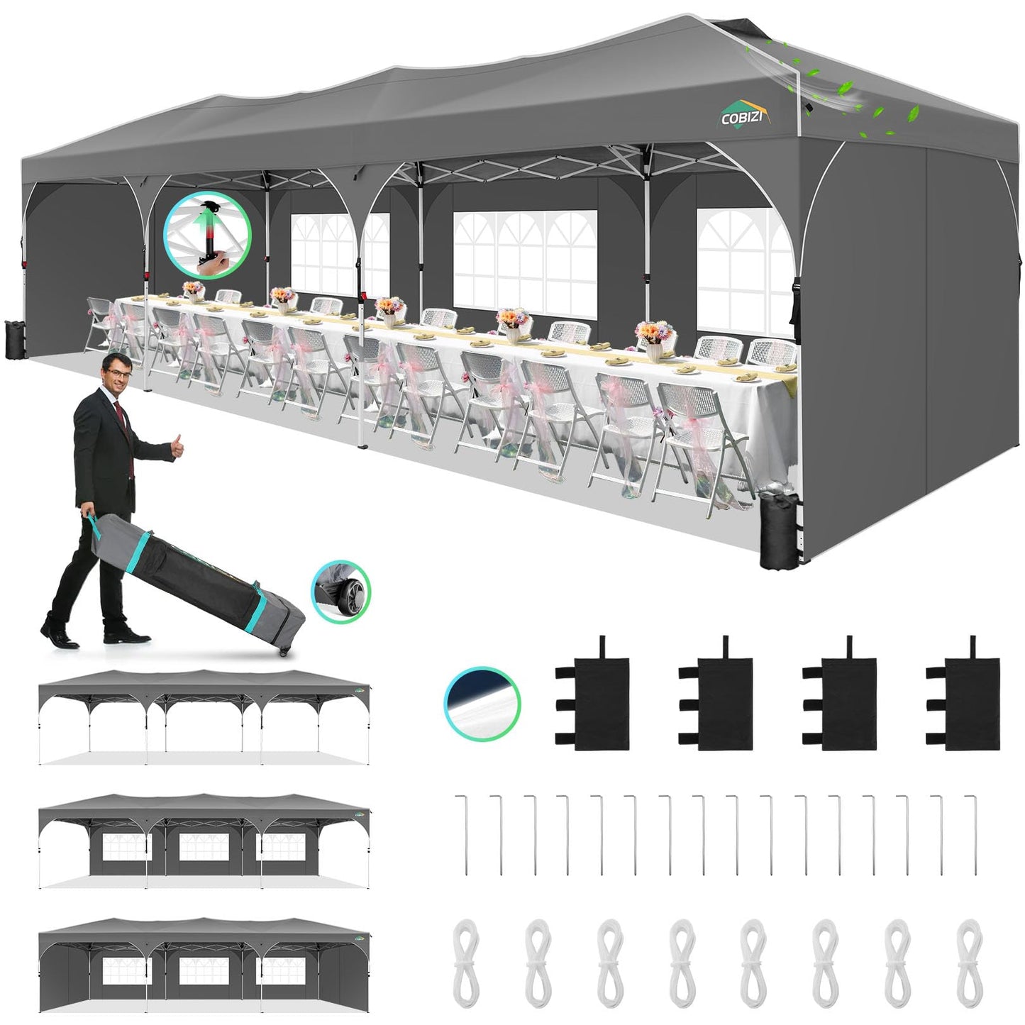 COBIZI 10x20 Pop Up Canopy Tent, Outdoor Party Tent with 4 Sidewalls, 1 Person Easy Set up, Tents for Parties with Fluorescent Strip & 4 Sandbags, Waterproof UPF50+, 3 Adjustable Height, Gray