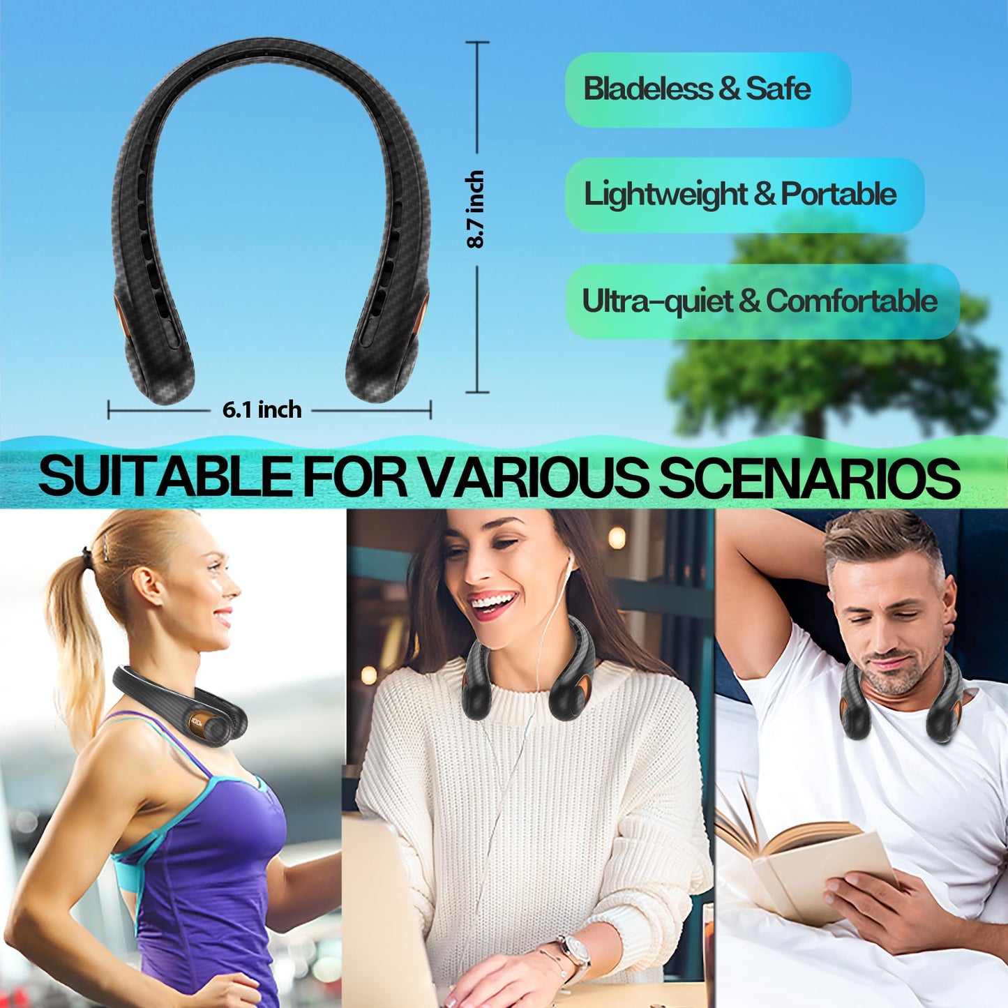 KIDEE Neck Fan, Bladeless Neck Fans Portable Rechargeable, Upgrade 360° Airflow, 3 Speeds, Headphone Design, 4000mAh Battery Operated Personal Wearable Fan Hands Free for Travel Indoor Outdoor