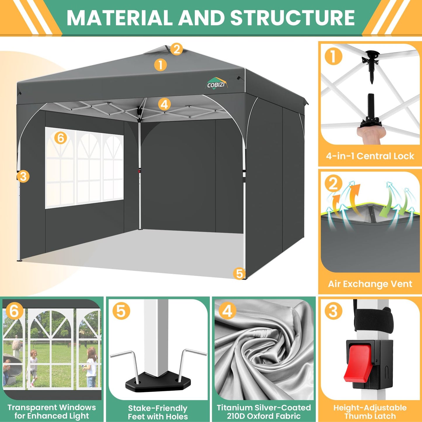 COBIZI 10x20 Pop Up Canopy Tent, Outdoor Party Tent with 4 Sidewalls, 1 Person Easy Set up, Tents for Parties with Fluorescent Strip & 4 Sandbags, Waterproof UPF50+, 3 Adjustable Height, Gray