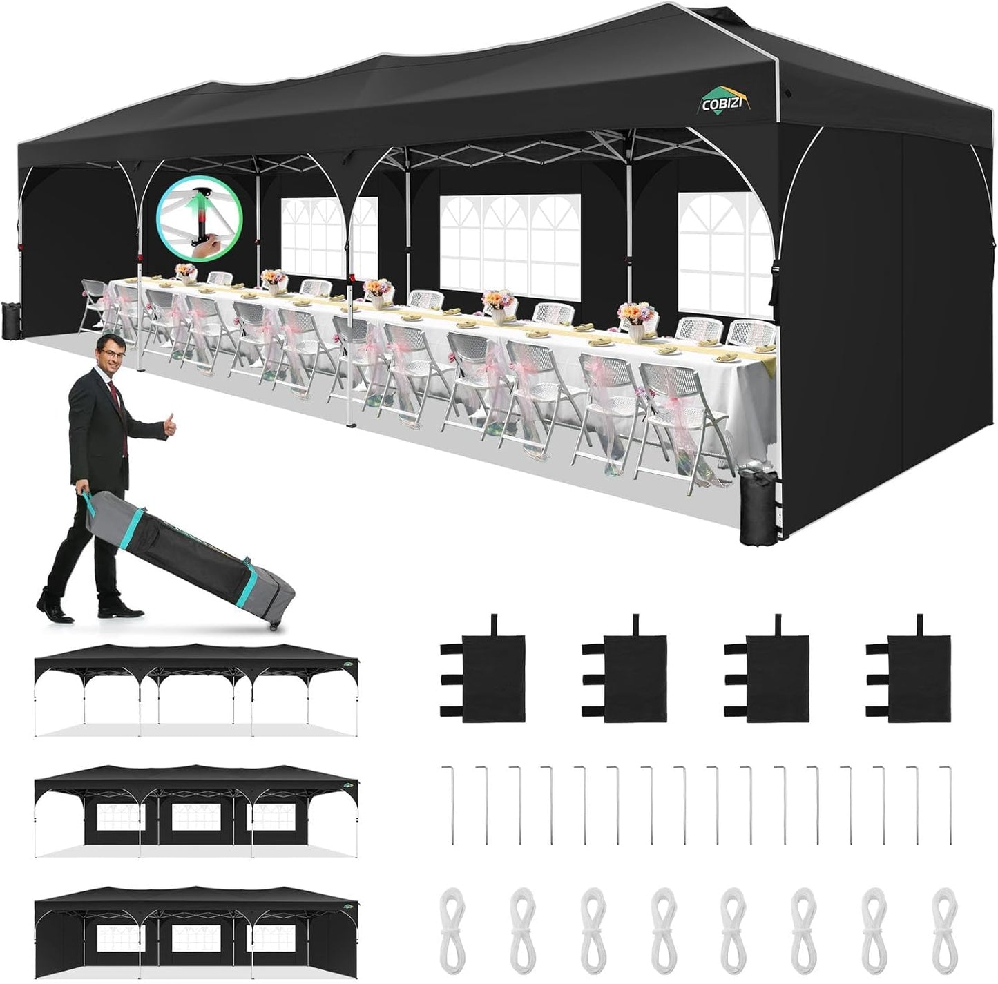 COBIZI 10x20 Pop Up Canopy Tent, Outdoor Party Tent with 4 Sidewalls, 1 Person Easy Set up, Tents for Parties with Fluorescent Strip & 4 Sandbags, Waterproof UPF50+, 3 Adjustable Height, Gray