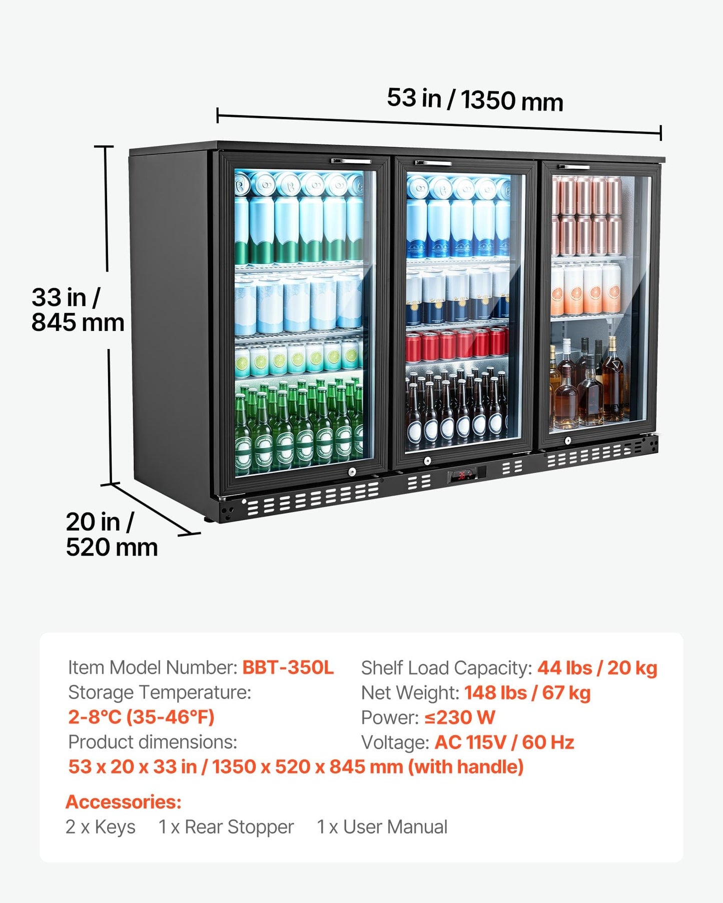 VEVOR Back Bar Cooler, 7.4 Cu. Ft Commercial Beverage Refrigerator, Under Counter Bar Fridge with 2 Sliding Doors, LED Lighting, Adjustable Shelves, Low-E Glass Display Cooler for Beer, Wine, Drink