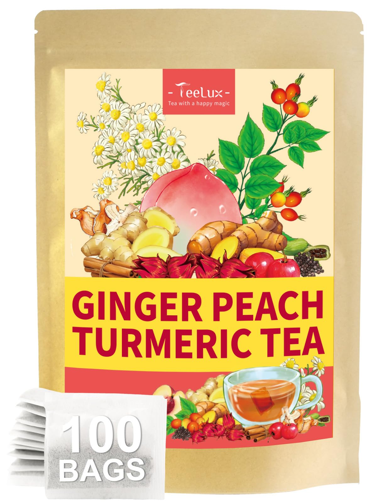 TeeLux Chamomile Tea Bags, 1.5g/bag, Pure Natural Chamomile Flowers Herbal Tea, Caffeine Free, 100 Count