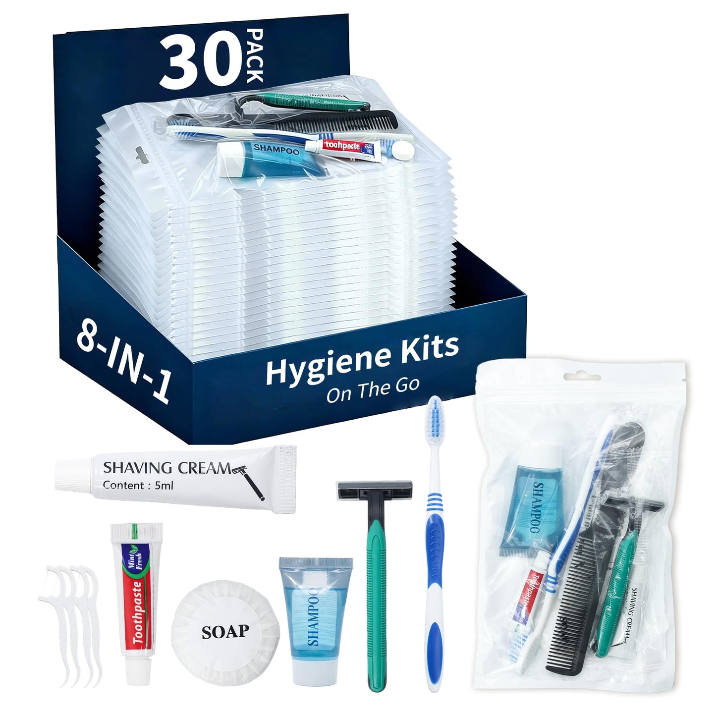 50 Pack Hygiene Kits for Homeless in Bulk, 8-in-1 Personal Toiletry Kit Individually Packed with Toothbrush, Toothpaste, Comb, Flossers,Shampoo, Soap, Razor & Shaving Cream