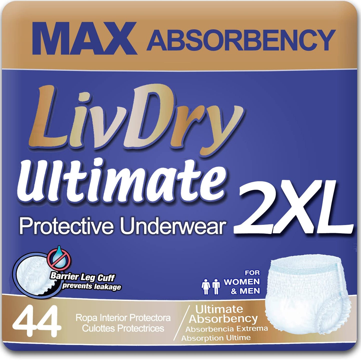 LivDry Ultimate XL Adult Incontinence Underwear, Max Absorbent Adult Diapers with Leak Protection, X-Large, 12-Pack